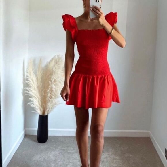 Zara Red Smocked Bodice Drop Waist Tiered Ruffle Form Fitted Mini Dress NEW - Picture 3 of 16